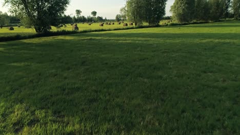 Flyover-Meadows-With-The-View-Of-Rolled-Hay-Bales-During-Harvesting-Season