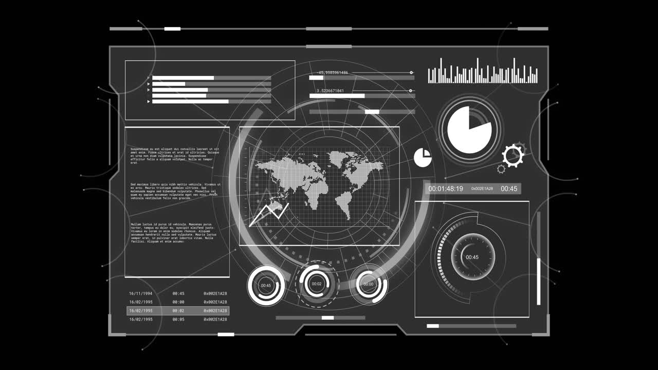 Animation of globe and data processing over screen