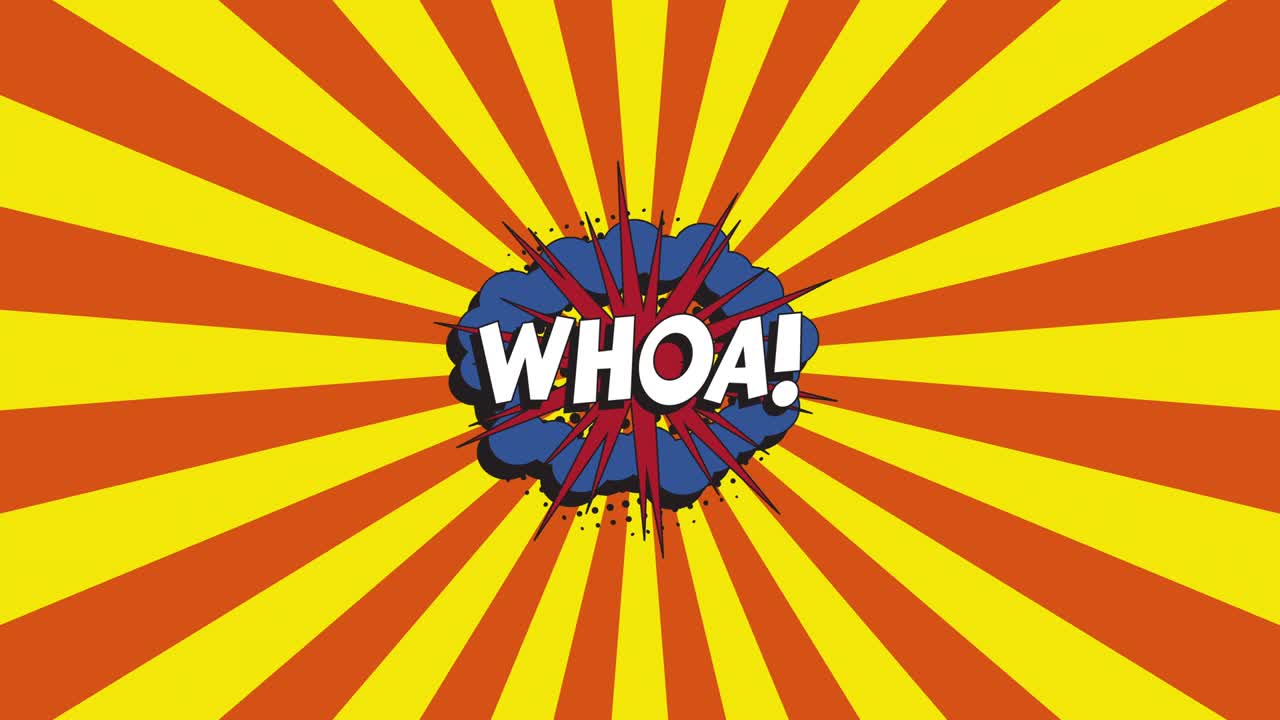¡la palabra 'whoa!' en burbuja de habla cómica retro con sombra punteada de medio tono en un fondo animado de color naranja con rayos amarillos
