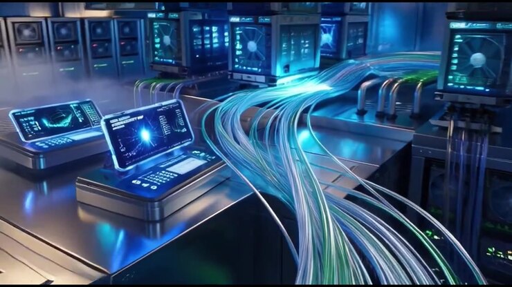 Data Flow Through Fiber Optic Cables in a High Tech Server Room