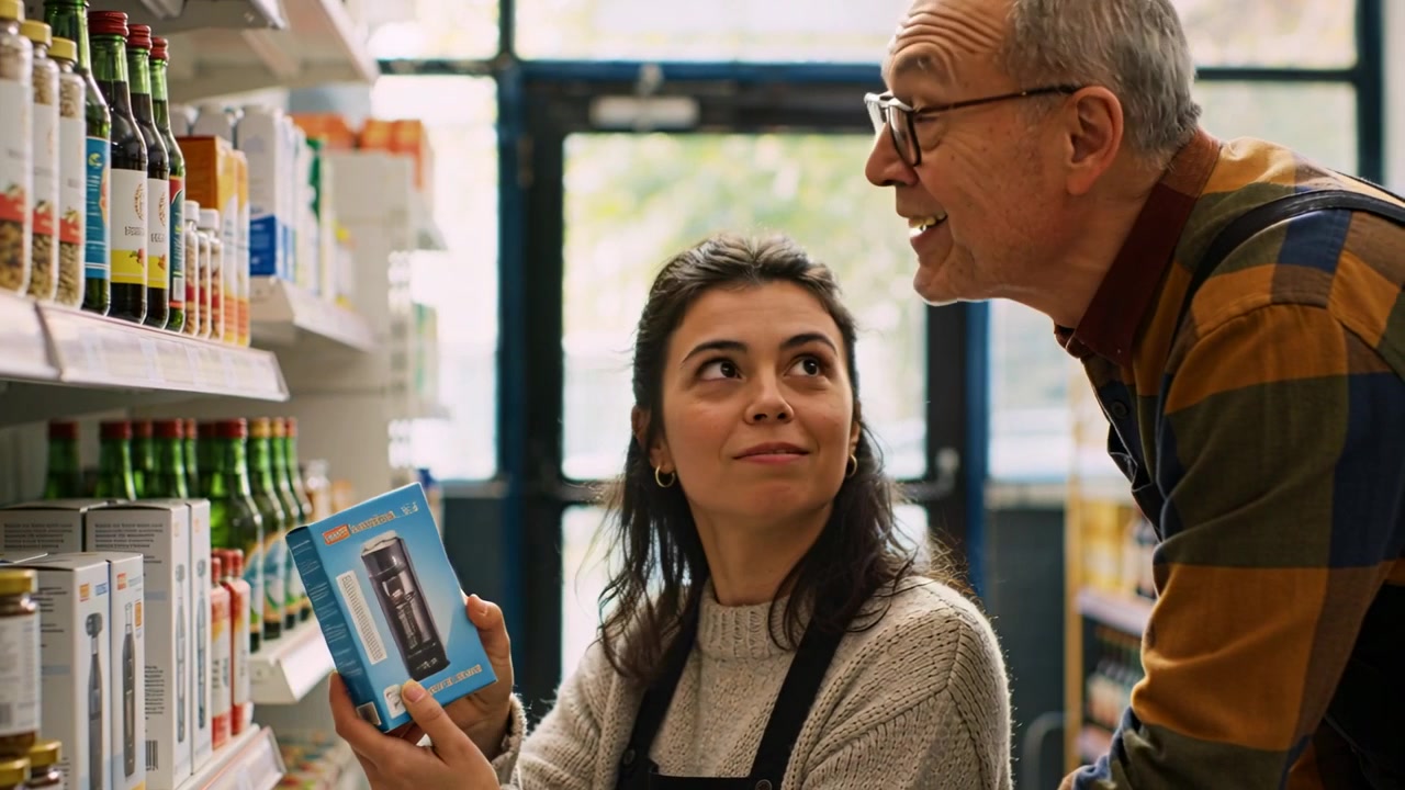 Comprador de óculos apontando para um funcionário de avental que verifica o rótulo de uma caixa azul no corredor da loja.