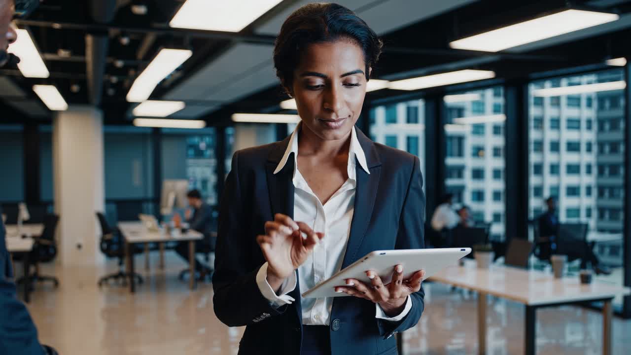 En professionel kvinde bruger en tablet på et moderne kontor. Billedet i medium engel fanger et dynamisk arbejde