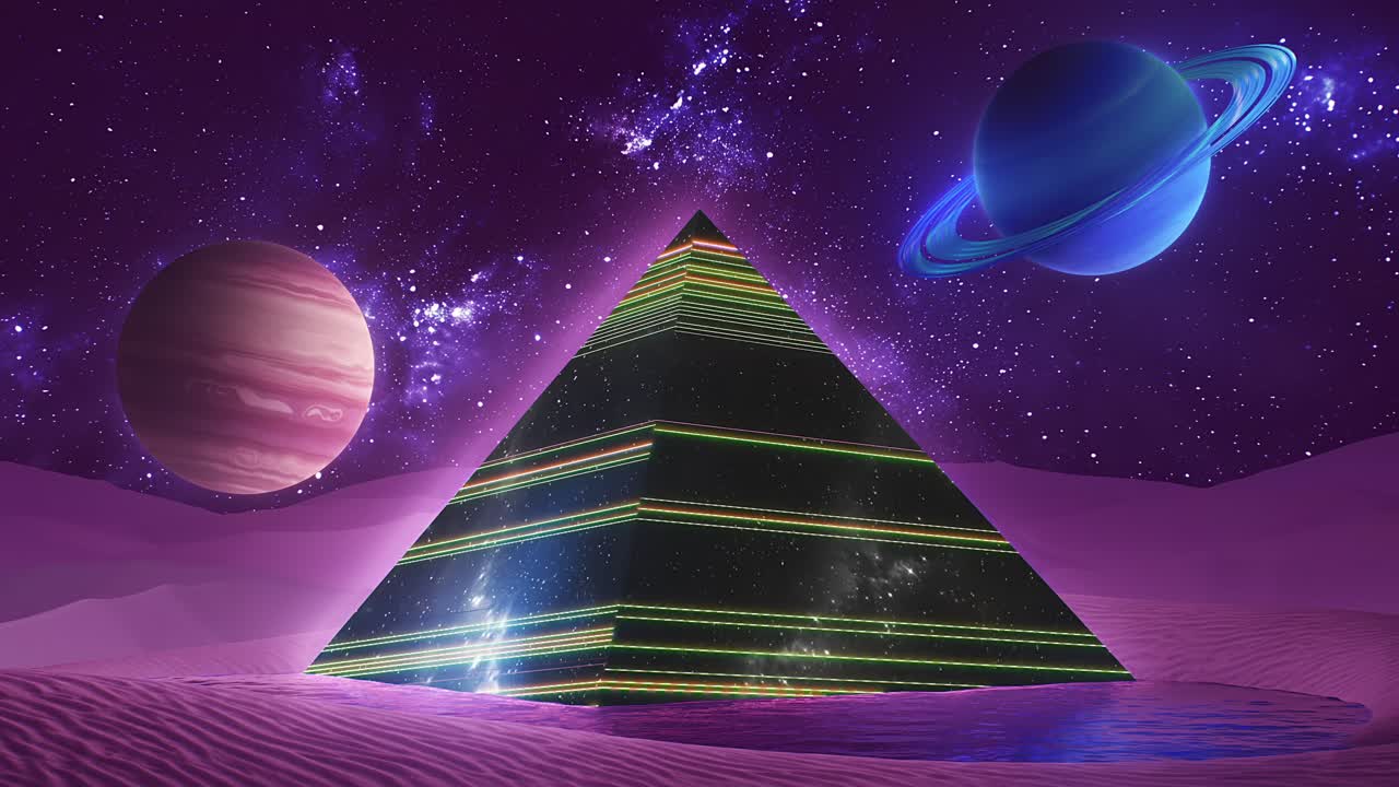 광활하고 신비로운 우주 풍경 속에 자리잡은 놀라운 미래의 네온 피라미드입니다.