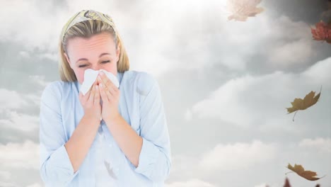 Falling-autumn-leaves-and-woman-sneezing-while-suffering-from-allergy-4k