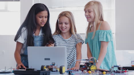 three female students building and programing robot vehicle in after school computer coding class