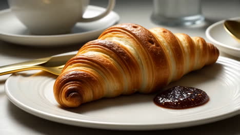 golden croissant with jam on a plate