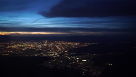 view on the night las vegas from above. an airplane shot