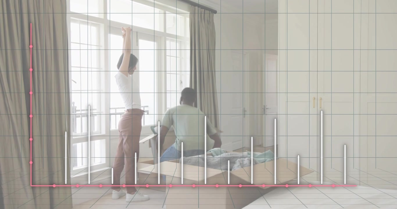 Couple placing boxes by bed activating animated layout map on wardrobes for moving organization