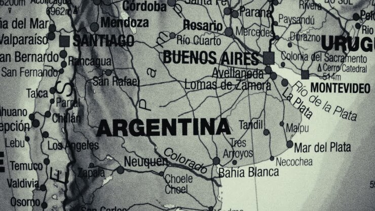 A black and white close-up of a map showing Argentina and neighboring countries
