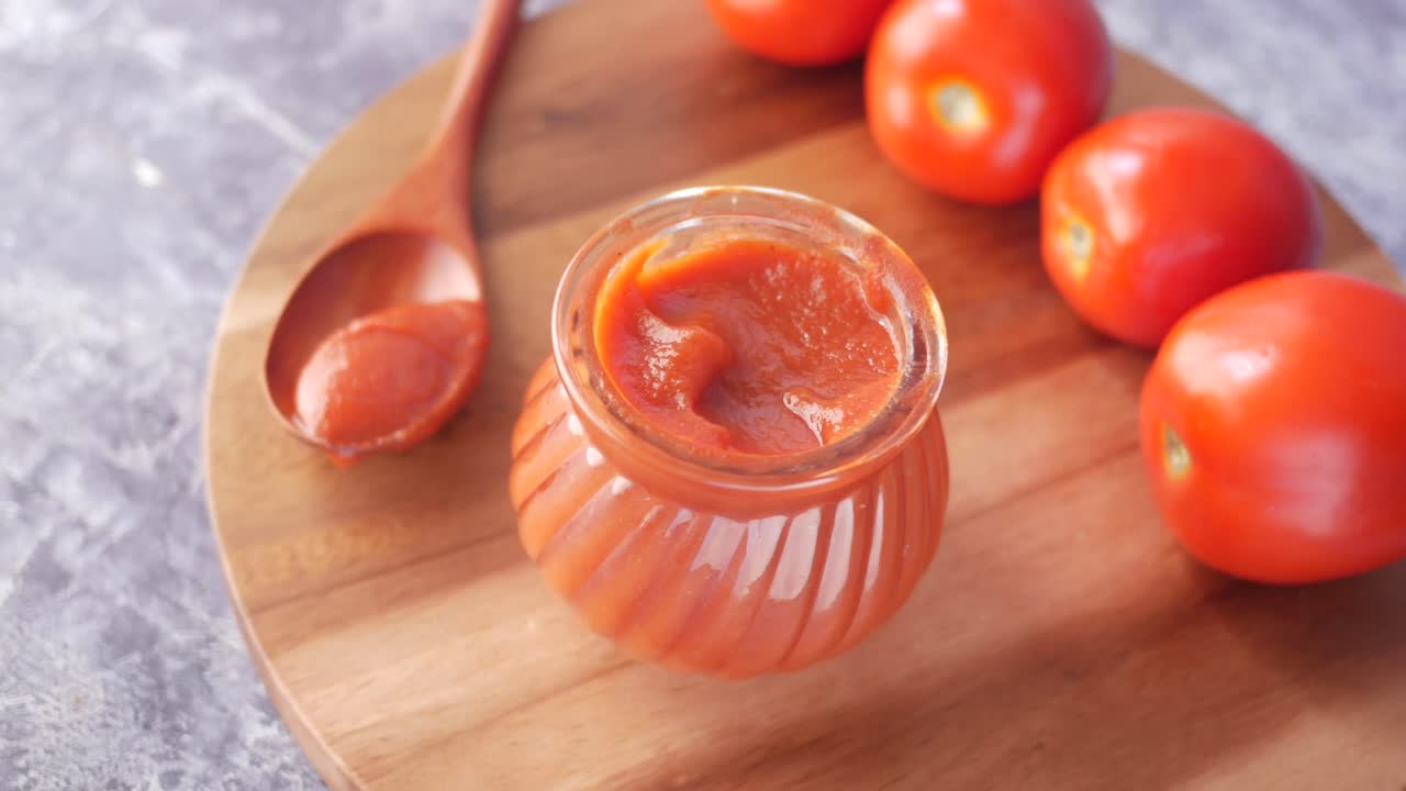 나무판 에 있는 유리 항아리 에 있는 토마토 페이스트