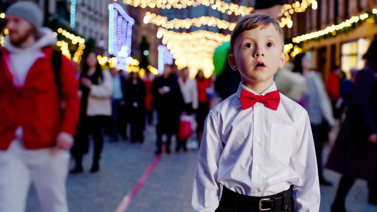 Elegant child is standing in a crowded Christmas market at night, wearing a red bow tie and a white shirt, looking amazed by the festive atmosphere