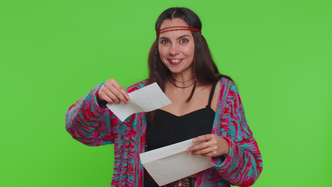 Woman girl open envelope letter great news celebrate monetary award invitation bank loan approve