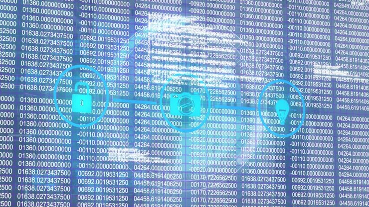 Animation of digital data processing and digital interface and grid over blue background