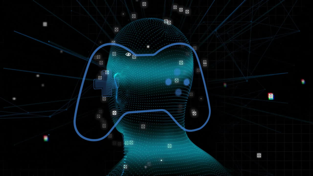 Animation of human silhouette with gaming controller and data points in school