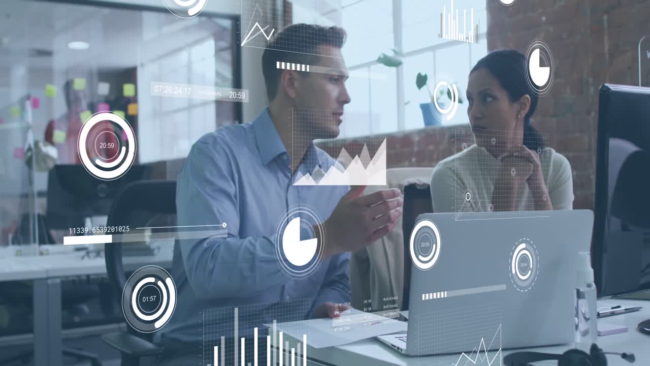 Animation of statistical data processing against diverse man and woman discussing at office