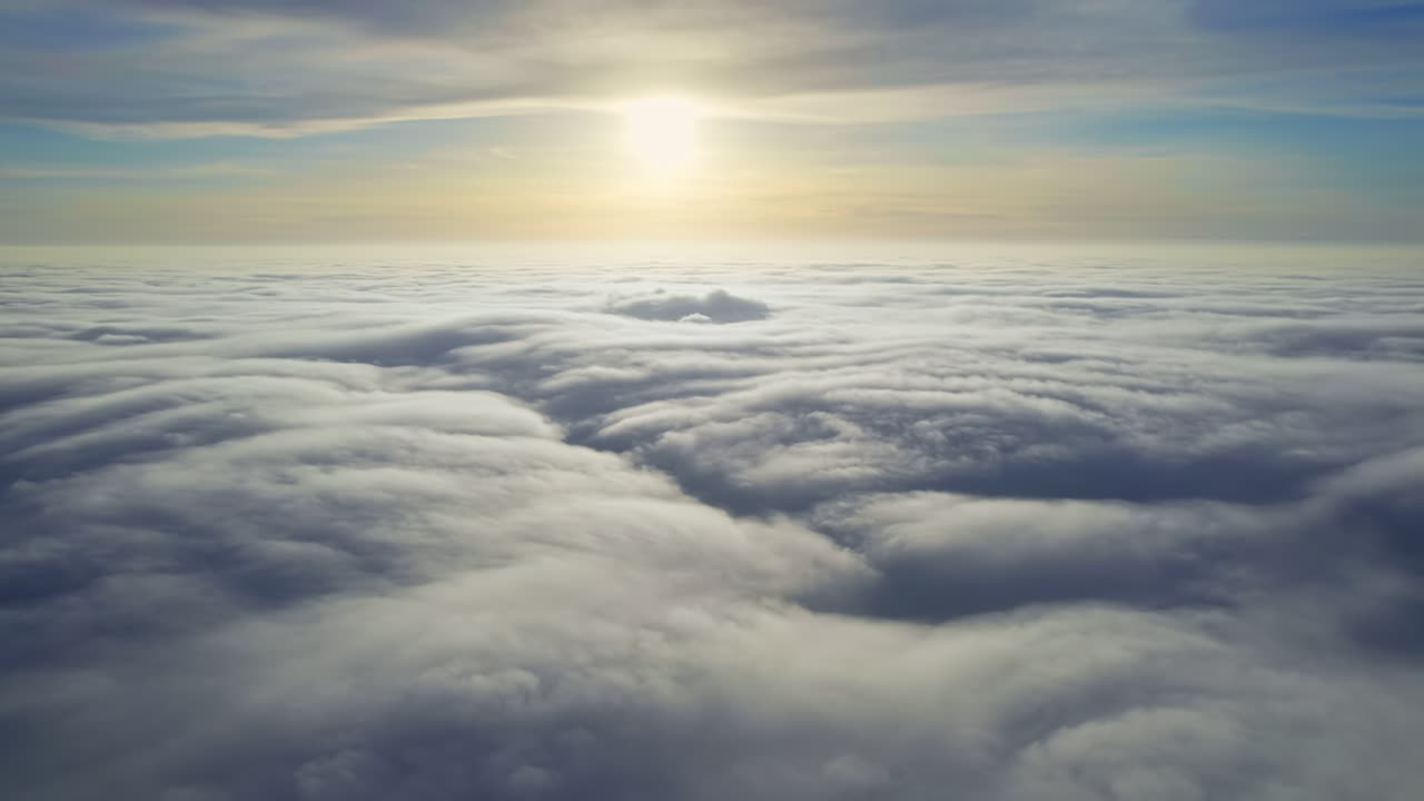 Aerial view from a drone flying above the lush clouds, bright Sun