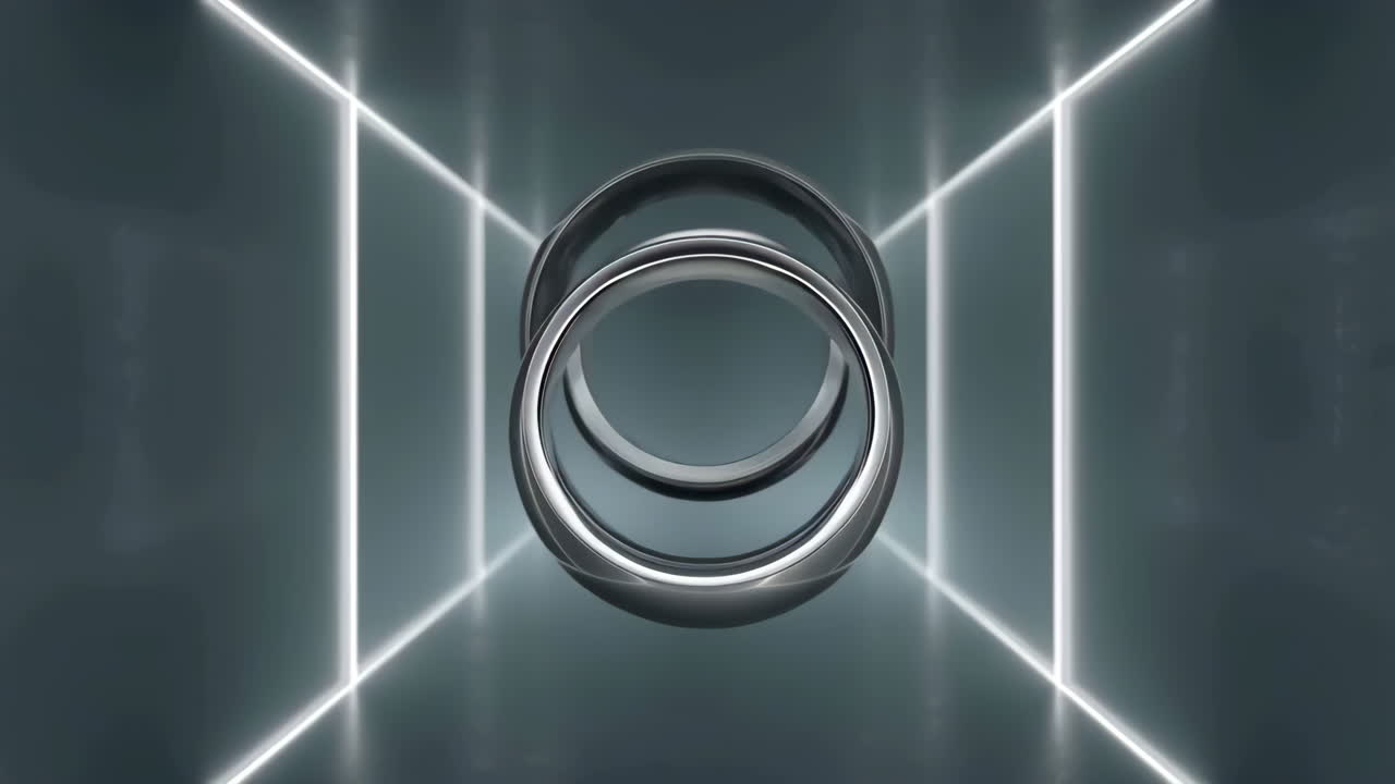 Metallic Rings in a Futuristic Reflective Tunnel with Glowing Lines