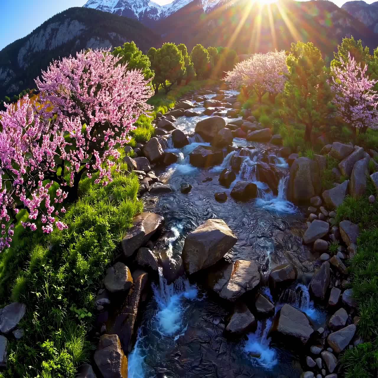 Aerial view of a serene stream with blooming cherry blossoms and mountains, capturing a vibrant