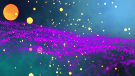 partículas brillantes y animación de ondas púrpuras sobre un fondo azul oscuro