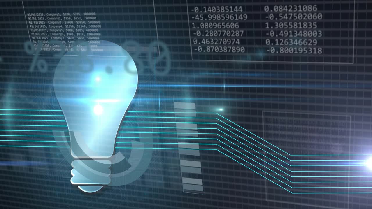 On load glowing bulb icon sending lines, rotating pie, collecting and analyzing data for analytics