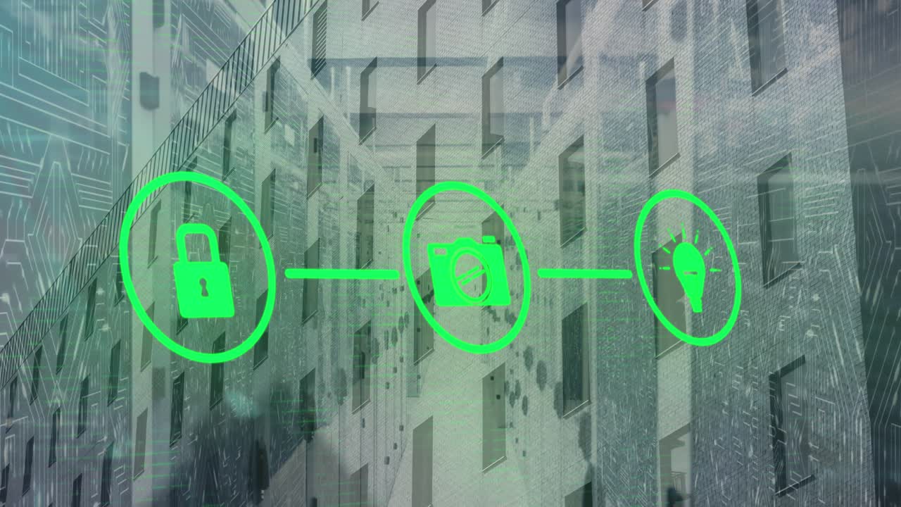 Animation von grünen geöffneten Schloss-, Kamera- und Glühbirnensymbolen auf einer digitalen Benutzeroberfläche vor Gebäuden