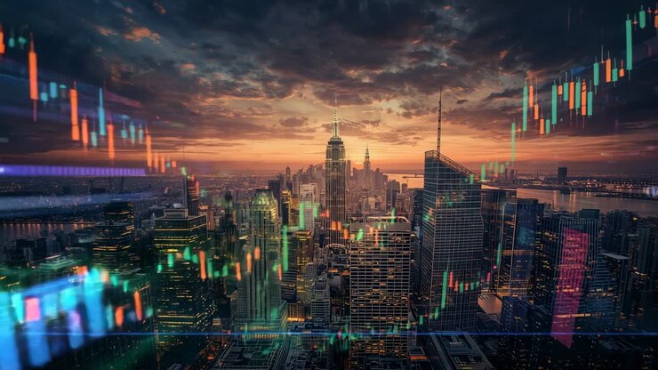 Drifting bars from edges over dusky Empire State Building, fading panels, rising green line graph