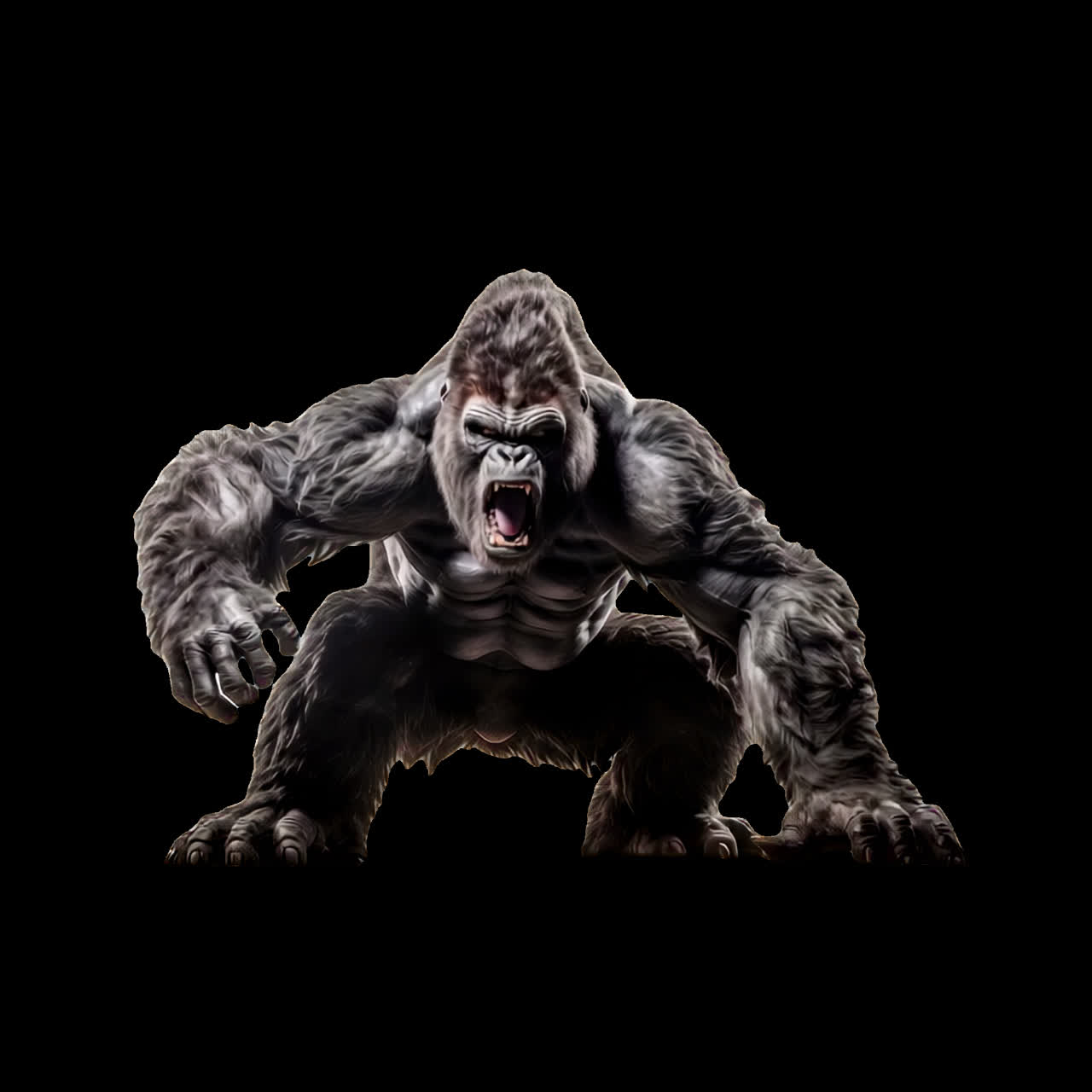 Fierce gorilla roaring powerfully animation isolated asset, transparent 4K video, alpha channel