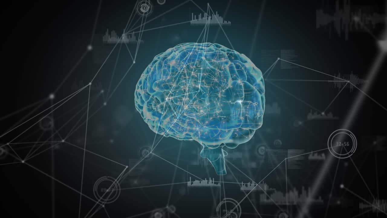 Digital brain rotating with graphs and statistics