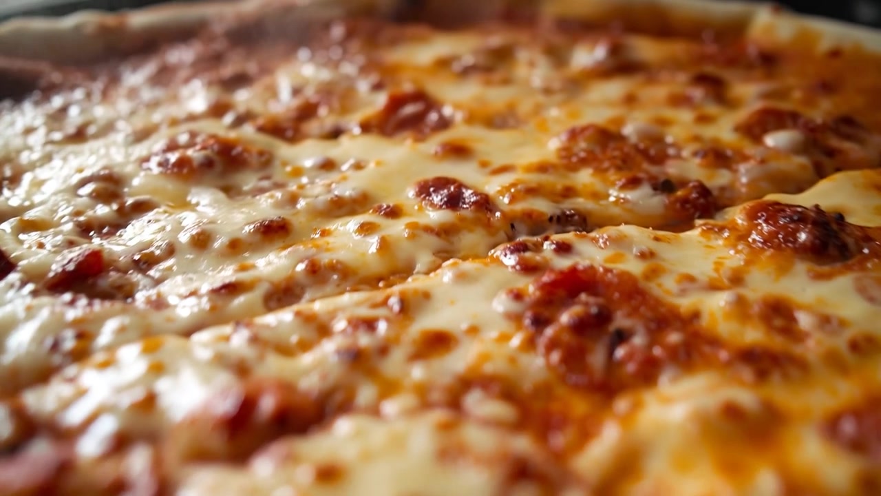 Inizio di una ripresa con zoom in avanti che si avvicina a una pizza al formaggio su una teglia in cucina, mostrando sacche di formaggio e salsa.