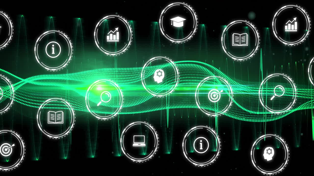 Education and technology icons floating over green wave animation background