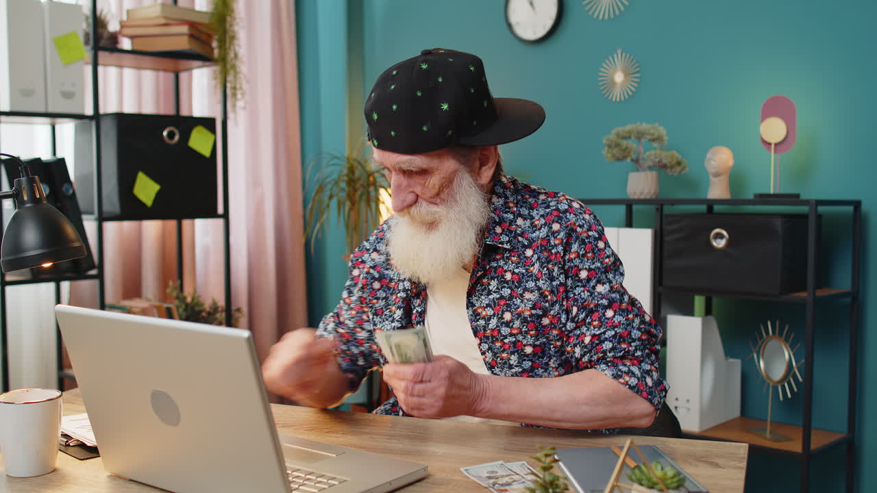 Senior man freelancer counting cash insufficient amount of money financial crisis bankruptcy poverty