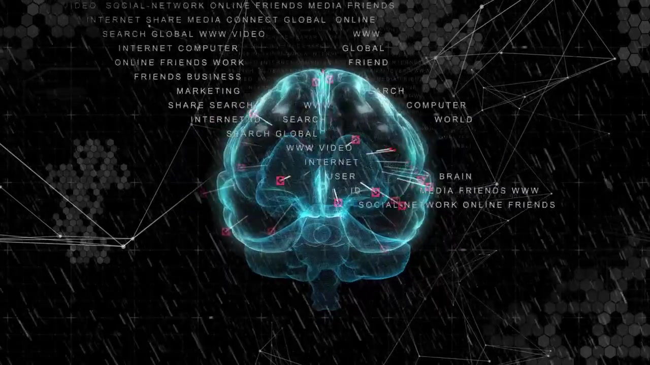 On startup cyan-blue brain hologram rotating as pink nodes pulsing linking for global connectivity