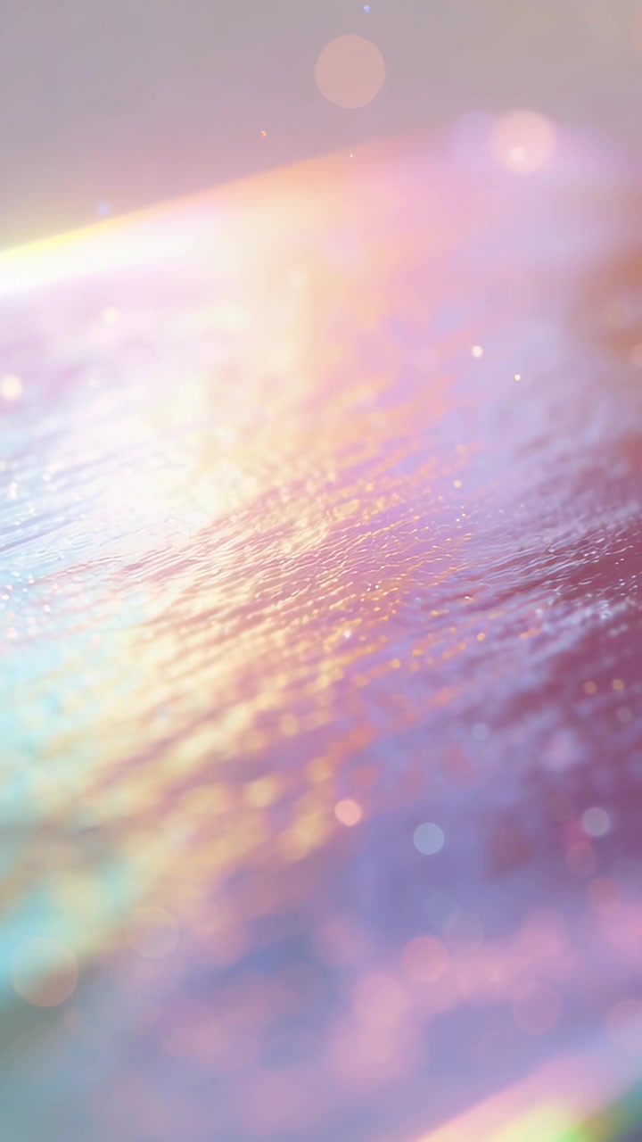 Video verticale: Telecamera in panoramica che fa increspare un liquido sotto una banda diagonale in macro, con bokeh pastello