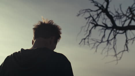 silhouette of a person looking at a bare tree against the sky