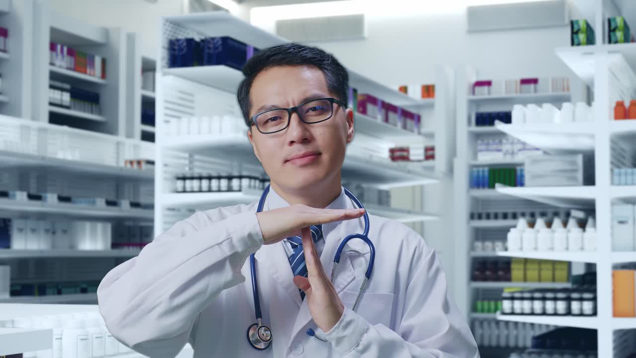 스테토스코프를 든 아시아 남성 의사의 클로즈업이 약국에서 손으로 제스처를 하고 있습니다.