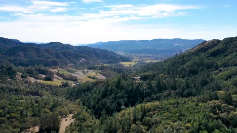 Drone-flying-over-a-valley-with-hills-and-vineyards-below