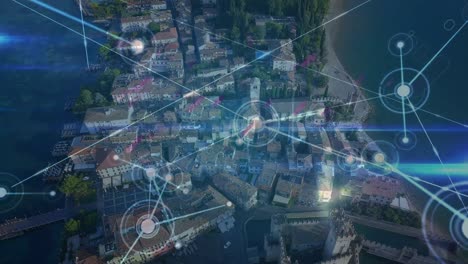 animación de líneas púrpuras y red de conexiones sobre el paisaje urbano