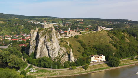 cinematic revealing drone shot of the hrad devin castle in slovakia