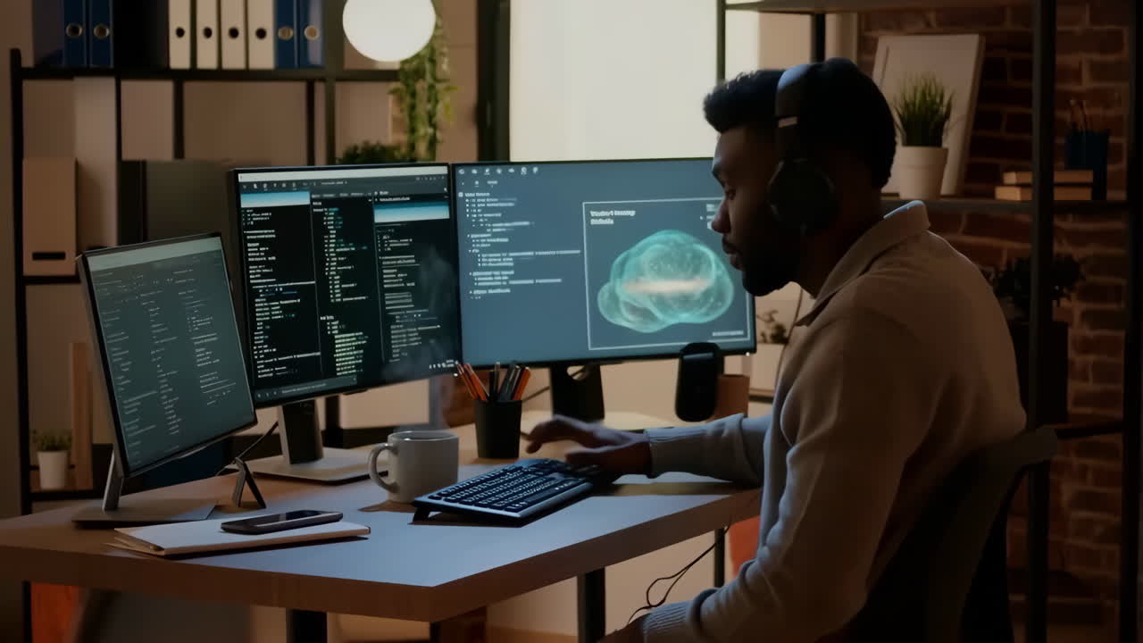 African American Male Software Developer Working at Computer with Multiple Monitors