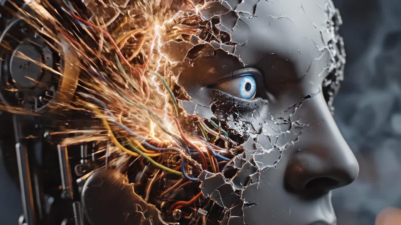 Robot face with sparking wires and broken pieces