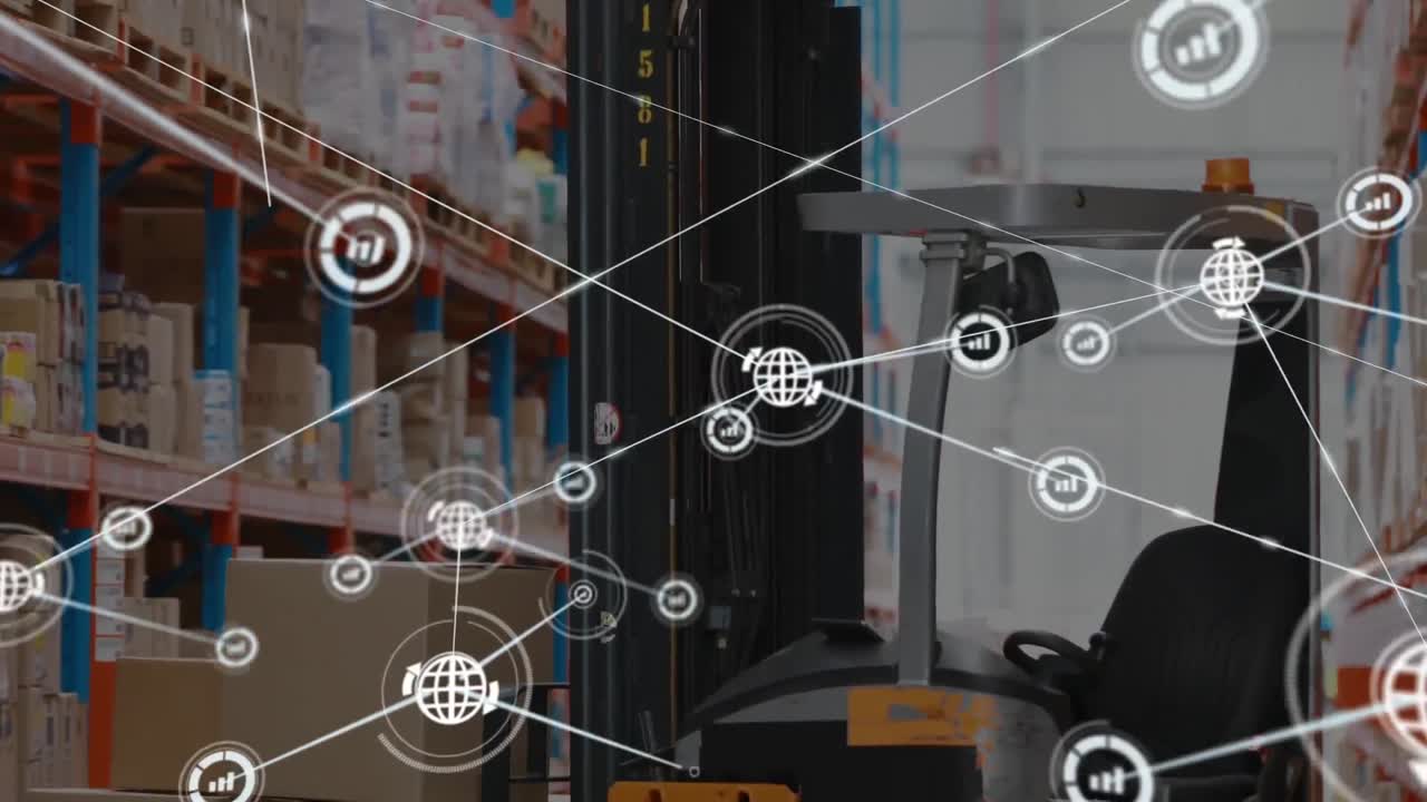 Animazione di una rete di connessioni con icone su un uomo che lavora in un magazzino