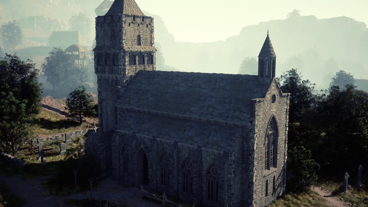 старая каменная церковь в туманном лесу