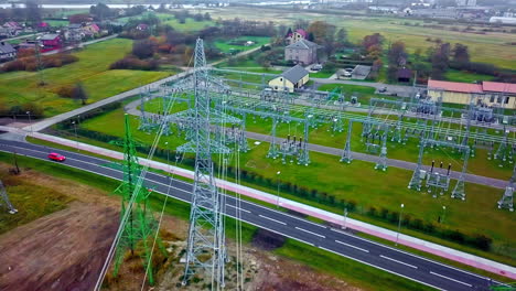 electrical substation in rural europe, aerial view