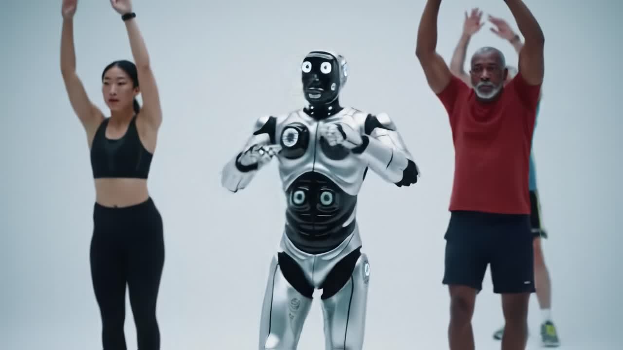 A sleek robot guides two individuals through an energetic workout session in a bright, futuristic environment. Participants engage in various exercises while the robot demonstrates proper techniques.