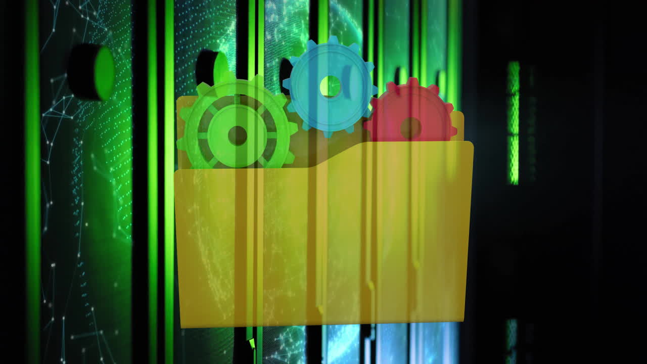 carpeta con animación de engranajes coloridos en los servidores de procesamiento de datos