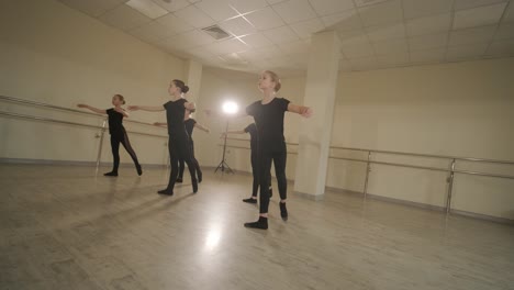 a group of young ballet students in black dancewear practicing positions in a spacious ballet studio with wooden flooring and wall-mounted barres. focused expressions and synchronized movements.