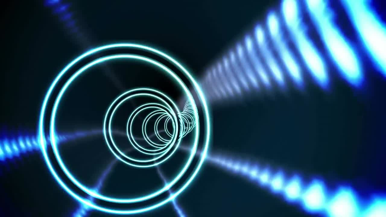 animación de círculos brillantes girando en un túnel de luces brillantes