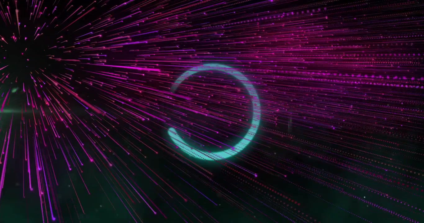 Cyan-green ring rotating clockwise while left burst firing magenta streaks, showing progress