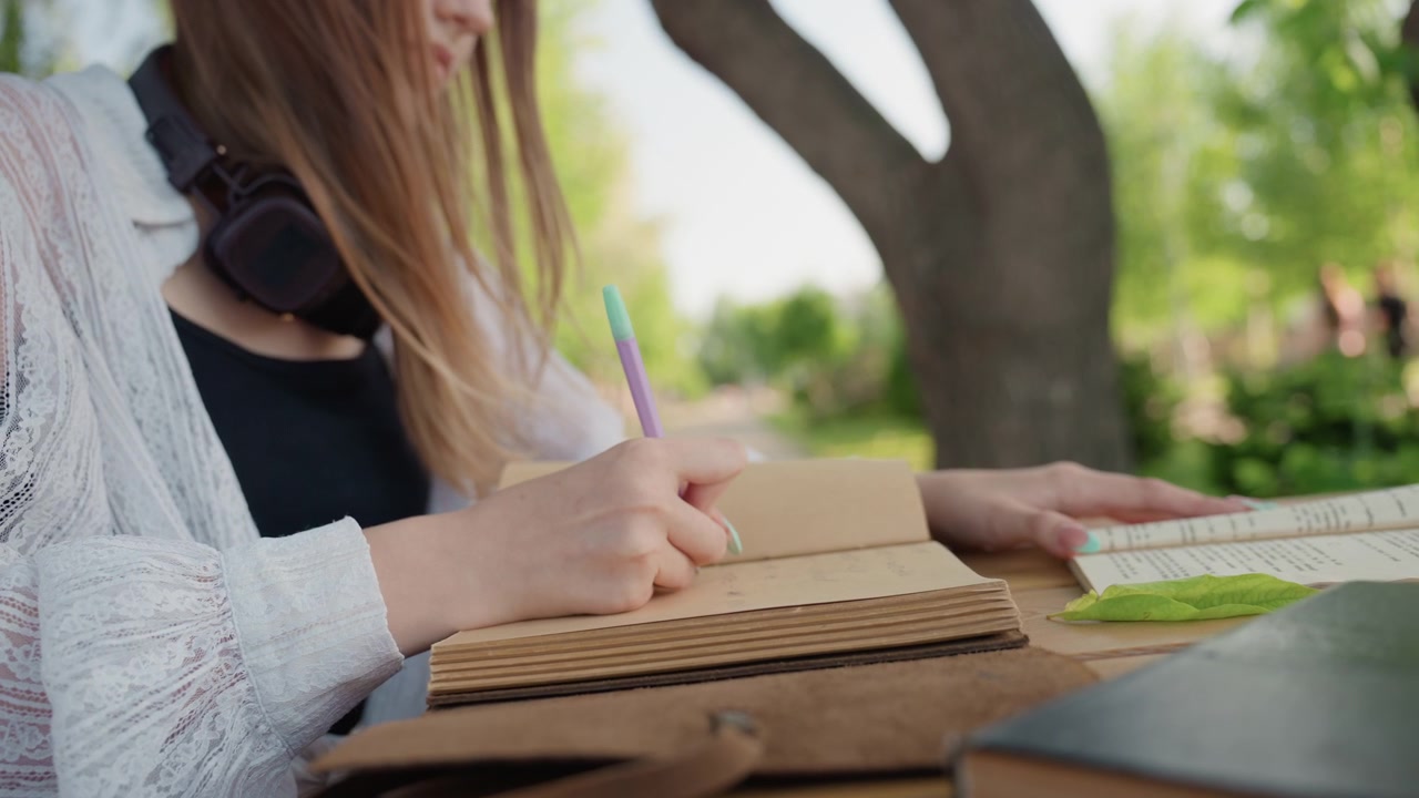 Primo piano di una giovane donna che scrive su un quaderno con una penna viola a un tavolo di legno all'aperto. La donna indossa una camicetta di pizzo bianca e un top nero, con le cuffie al collo, concentrata sul compito. Lo sfondo presenta.
