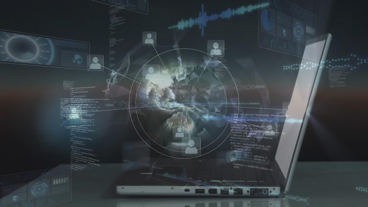 Animation of globe and data processing over man using laptop